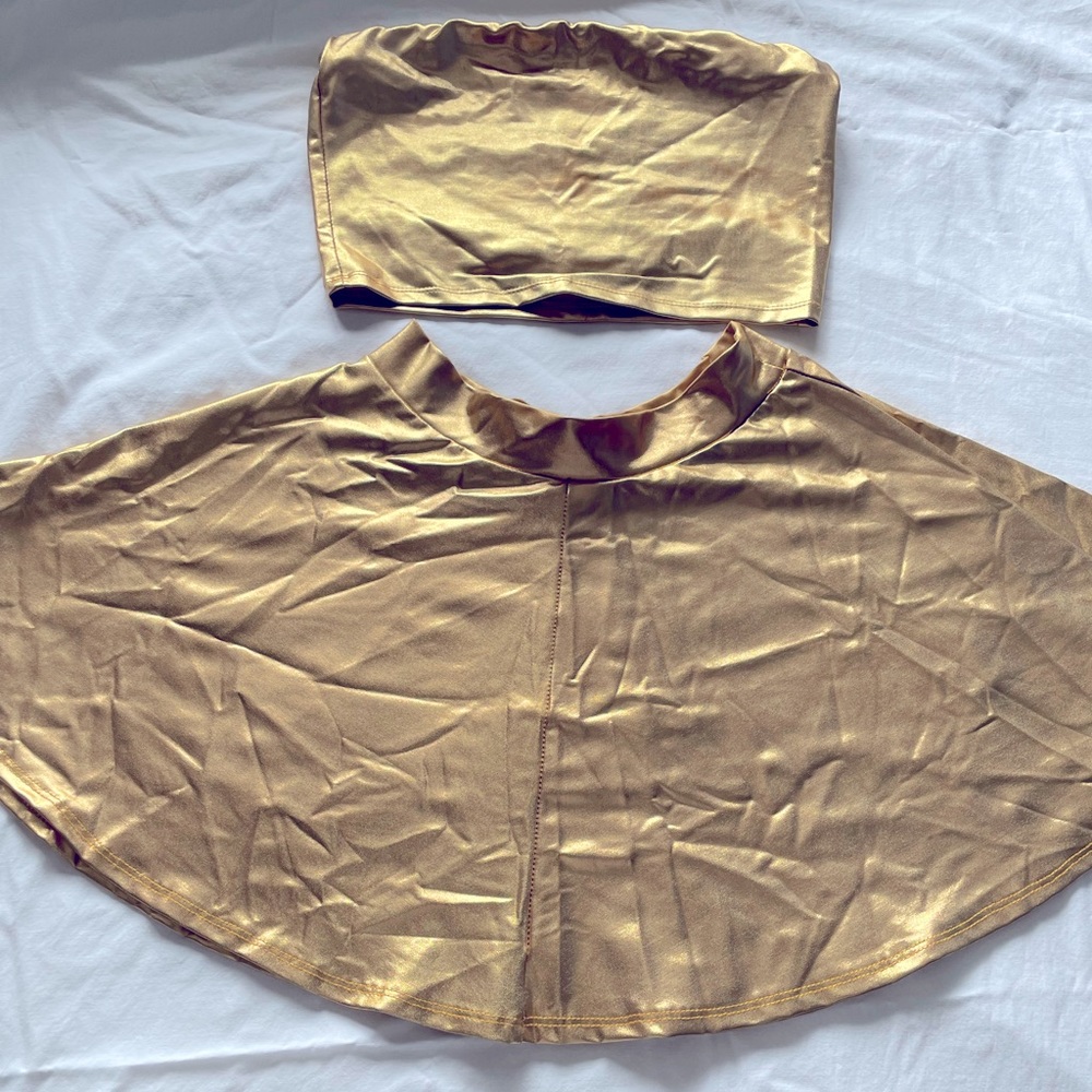 Metallic gold tube top and matching skirt